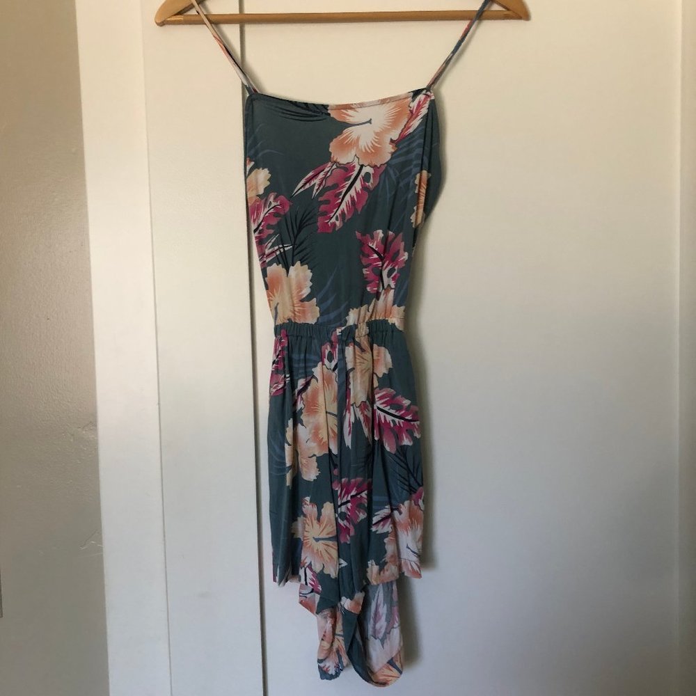 Roxy Blue-Green Tropical Romper with Pockets and tie back